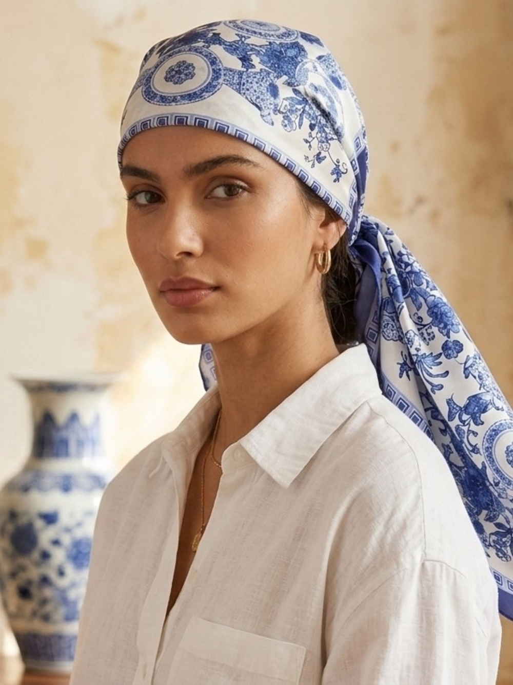 Blue and White Floral Scarf